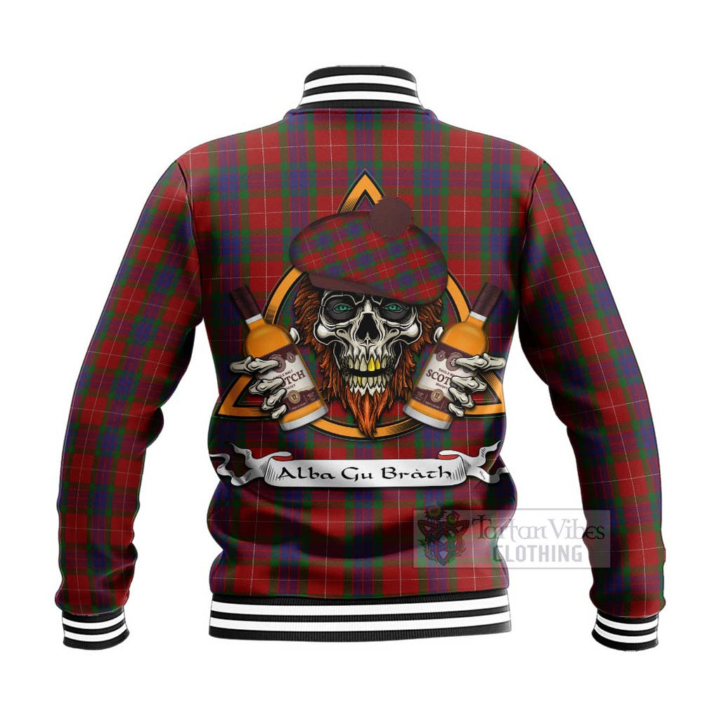 Tartan Vibes Clothing Fraser Tartan Baseball Jacket with Family Crest and Bearded Skull Holding Bottles of Whiskey