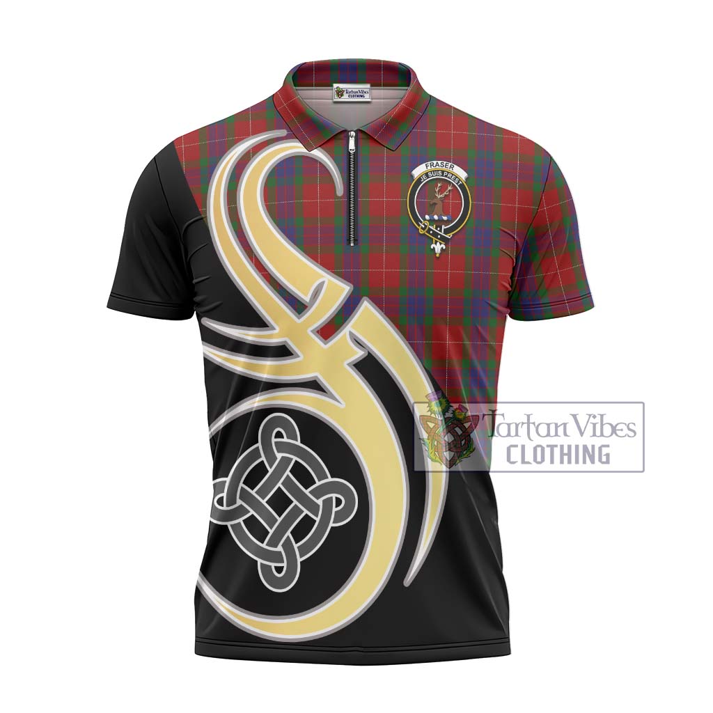 Tartan Vibes Clothing Fraser Tartan Zipper Polo Shirt with Family Crest and Celtic Symbol Style