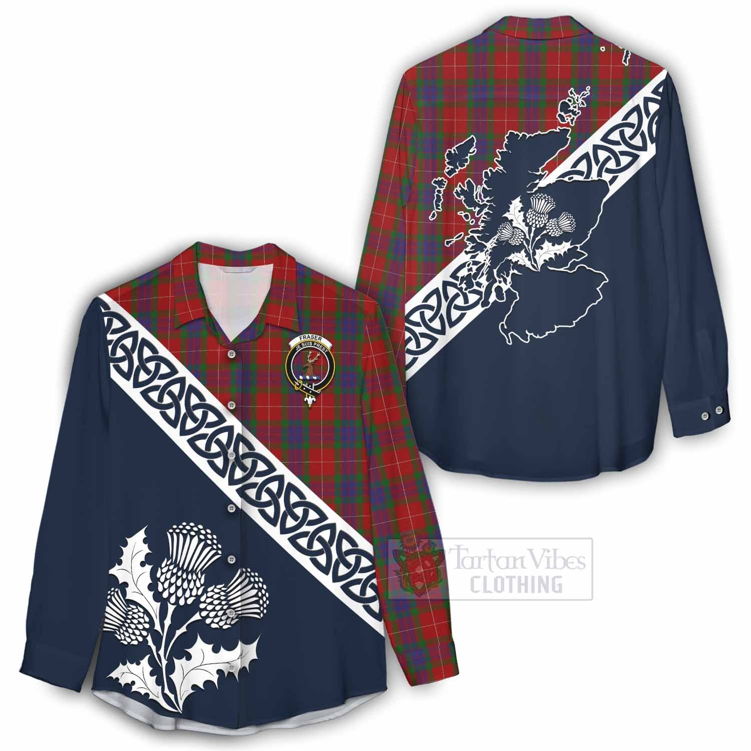 Tartan Vibes Clothing Fraser Tartan Women's Casual Shirt Featuring Thistle and Scotland Map