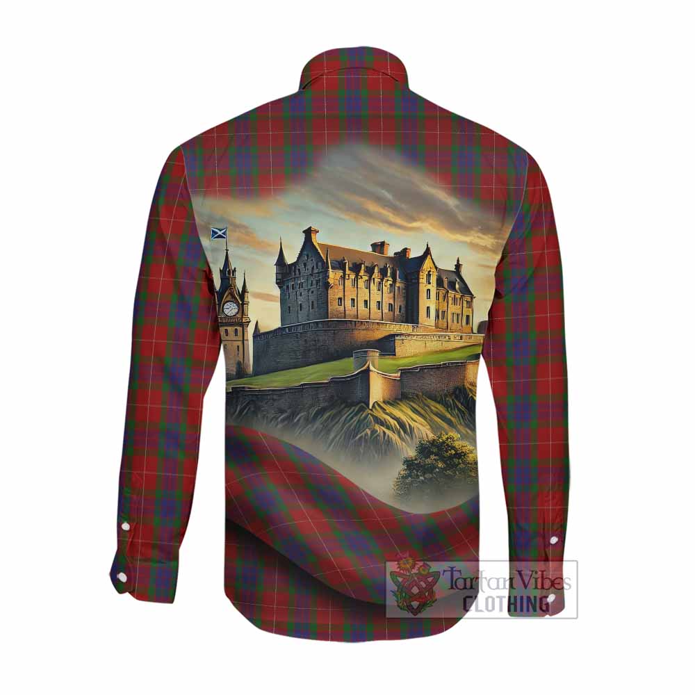 Fraser Tartan Family Crest Long Sleeve Button Shirt with Scottish Ancient Castle Style Men's Shirt - Tartan Vibes Clothing