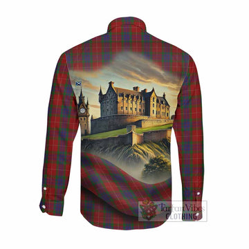 Fraser Tartan Family Crest Long Sleeve Button Shirt with Scottish Ancient Castle Style Men's Shirt - Tartan Vibes Clothing