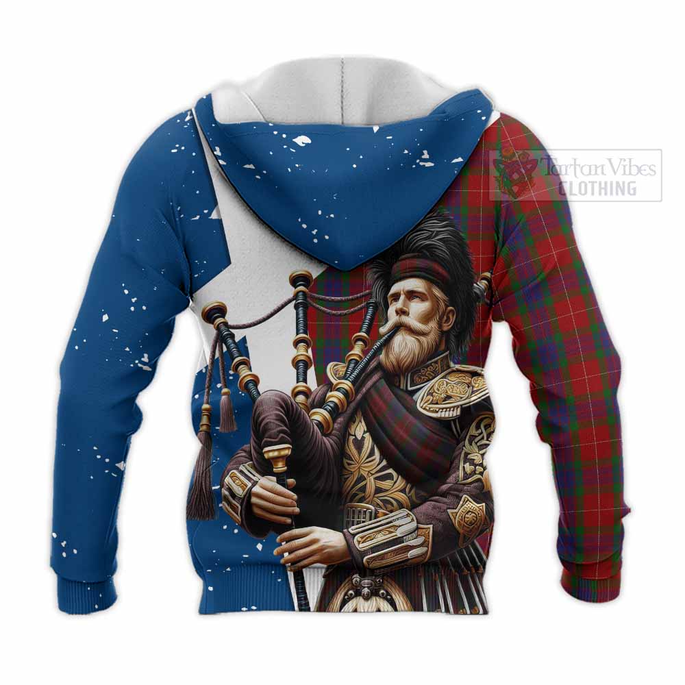 Tartan Vibes Clothing Fraser Tartan Knitted Hoodie with Family Crest Scottish Bagpiper Vibes