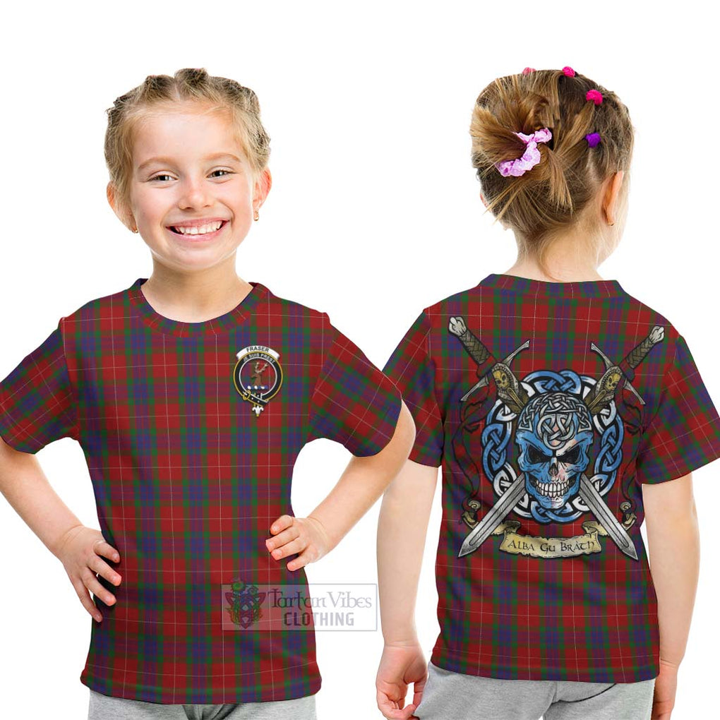 Tartan Vibes Clothing Fraser Tartan Kid T-Shirt with Family Crest Celtic Skull Style