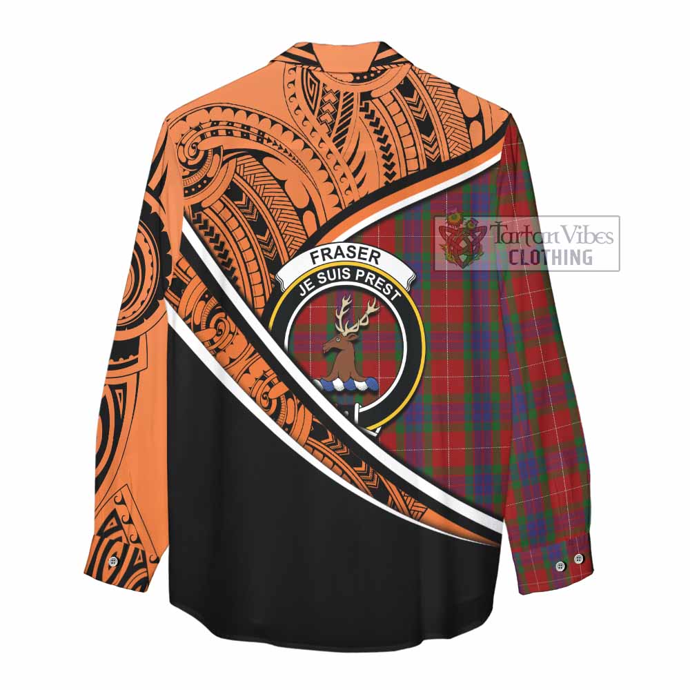 Tartan Vibes Clothing Fraser Crest Tartan Women's Casual Shirt with Maori Tattoo Style - Orange Version