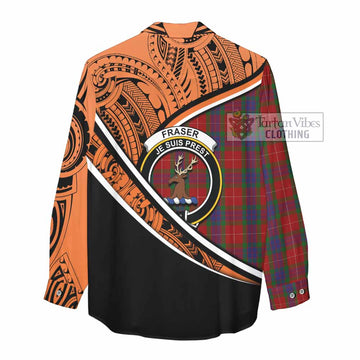 Fraser Crest Tartan Women's Casual Shirt with Polynesian Vibes Style - Orange Version