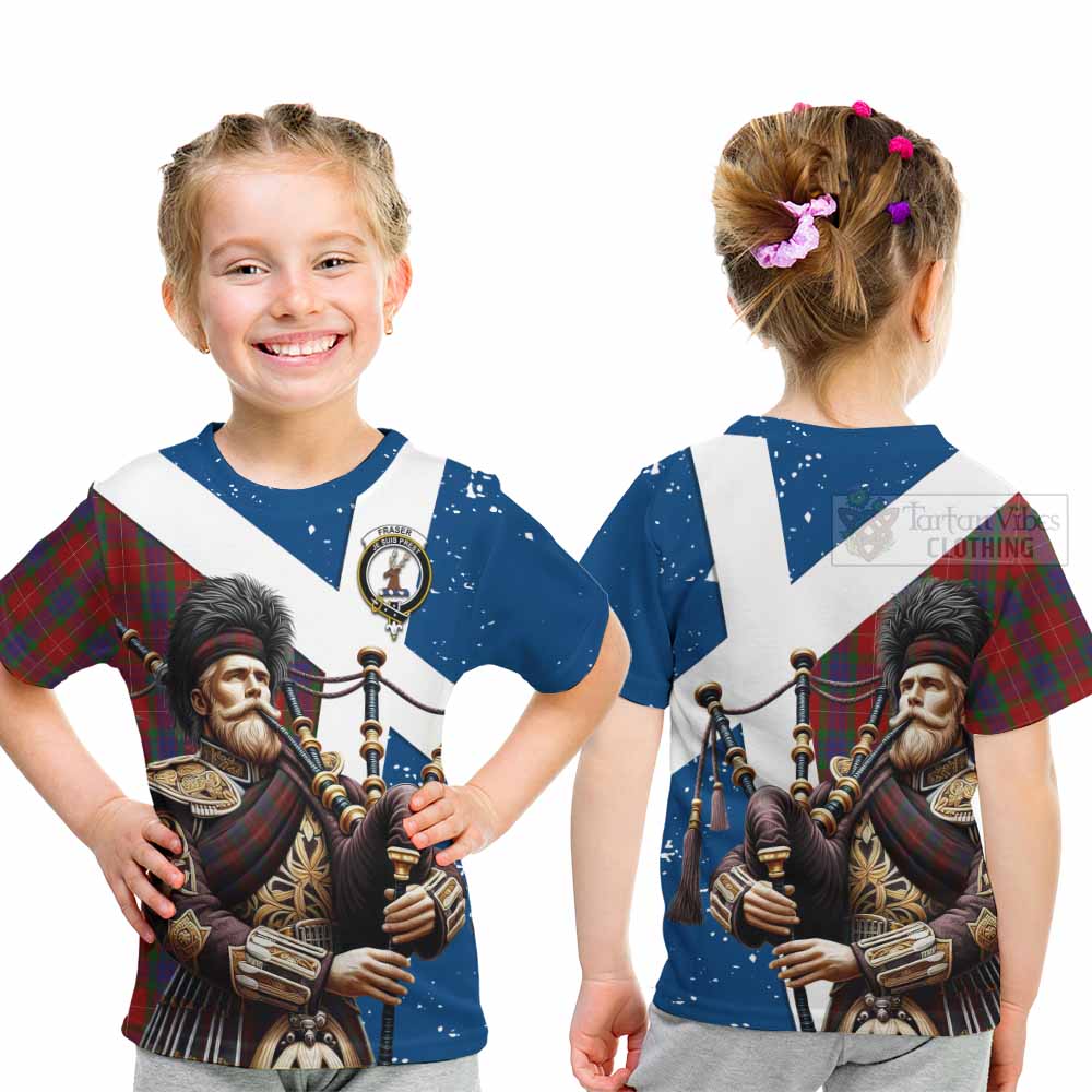 Tartan Vibes Clothing Fraser Tartan Kid T-Shirt with Family Crest Scottish Bagpiper Vibes