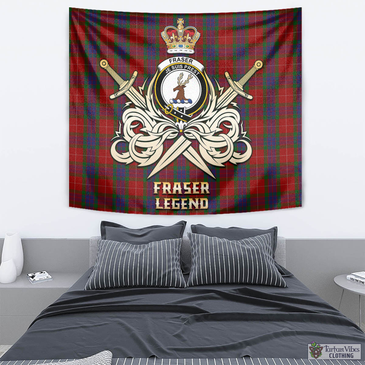 Tartan Vibes Clothing Fraser Tartan Tapestry with Clan Crest and the Golden Sword of Courageous Legacy