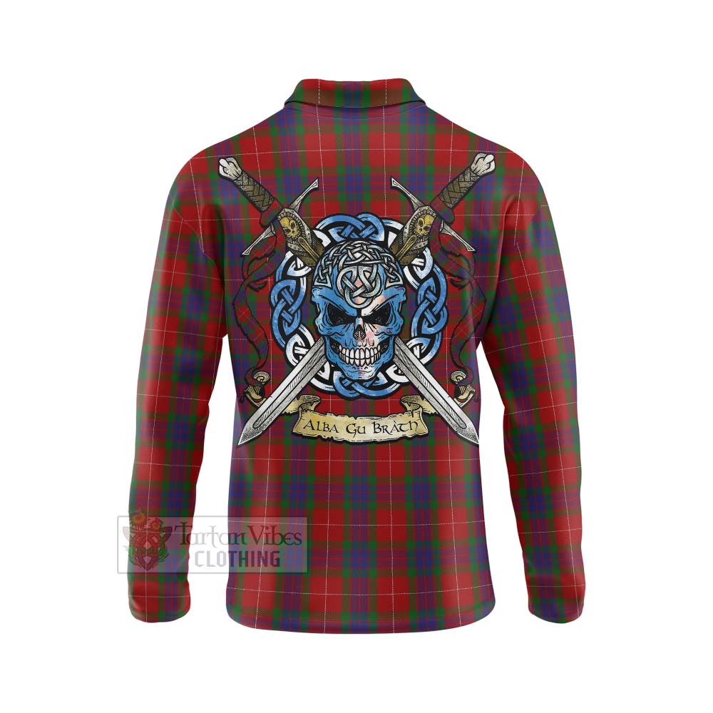 Tartan Vibes Clothing Fraser Tartan Long Sleeve Polo Shirt with Family Crest Celtic Skull Style