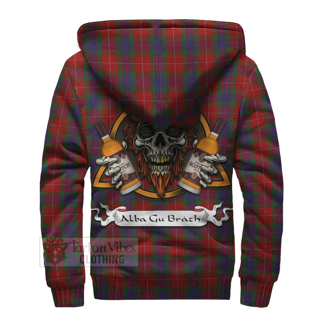 Tartan Vibes Clothing Fraser Tartan Sherpa Hoodie with Family Crest and Bearded Skull Holding Bottles of Whiskey