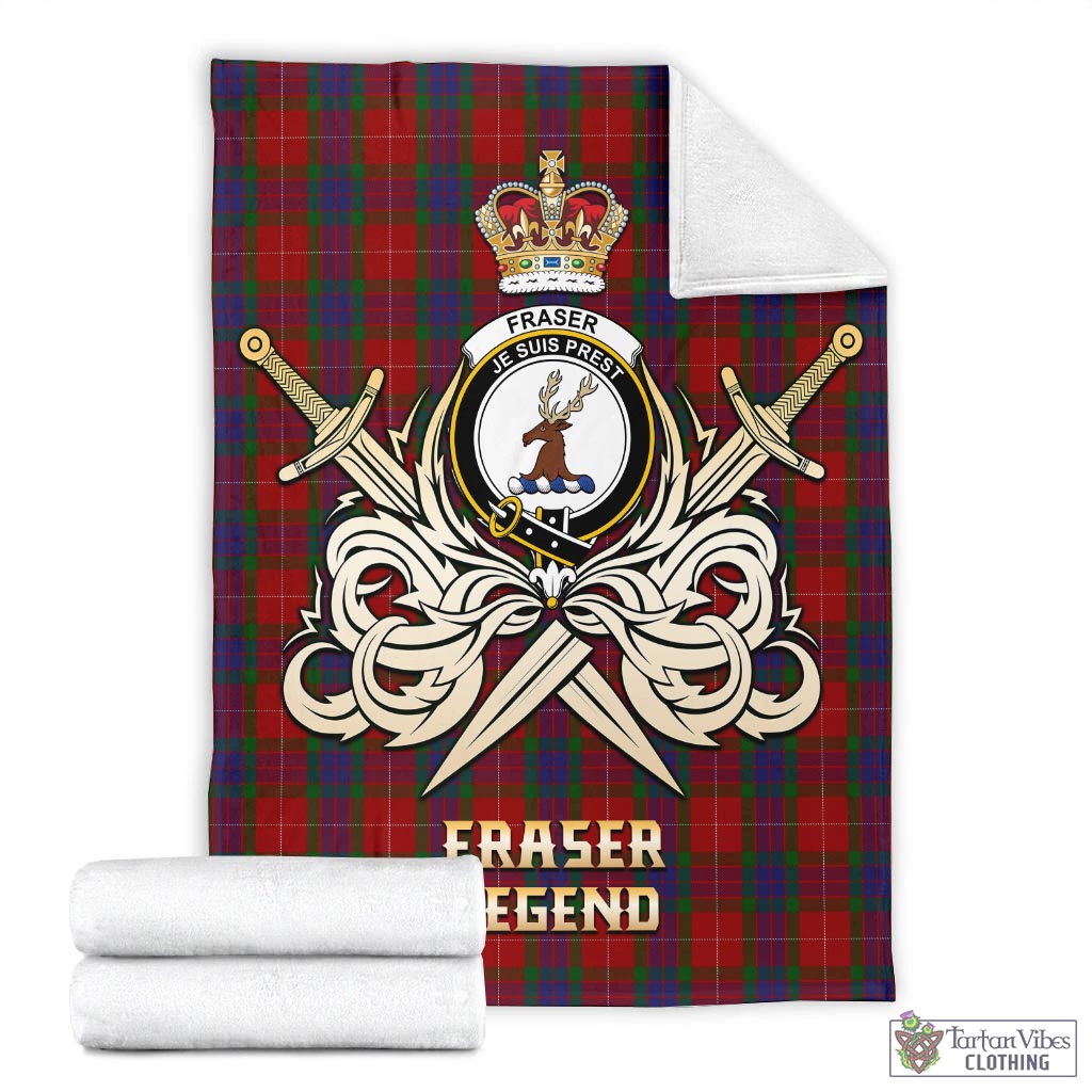 Tartan Vibes Clothing Fraser Tartan Blanket with Clan Crest and the Golden Sword of Courageous Legacy