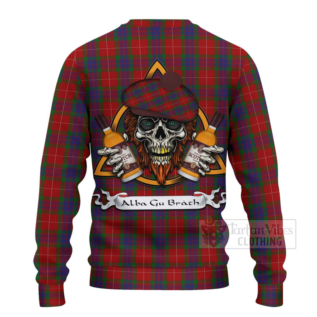 Tartan Vibes Clothing Fraser Tartan Knitted Sweater with Family Crest and Bearded Skull Holding Bottles of Whiskey