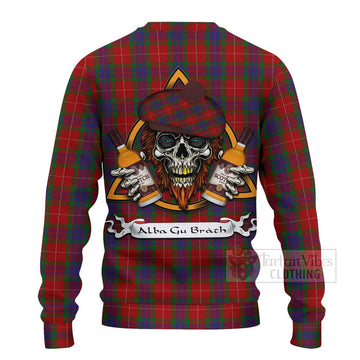 Fraser Tartan Ugly Sweater with Family Crest and Bearded Skull Holding Bottles of Whiskey