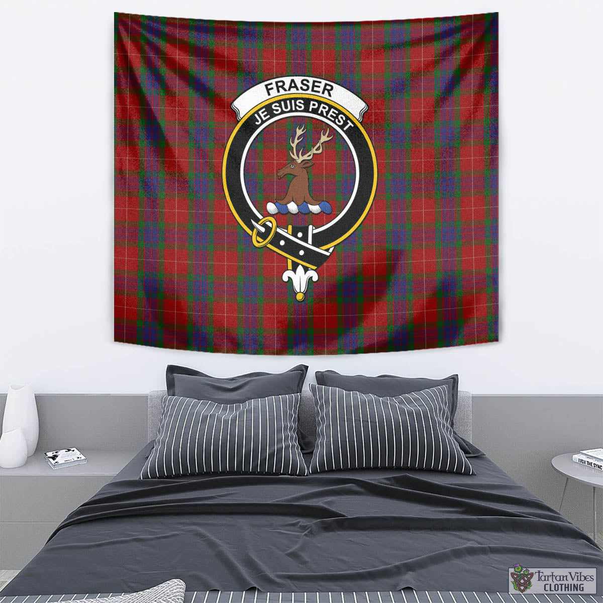 Tartan Vibes Clothing Fraser Tartan Tapestry Wall Hanging and Home Decor for Room with Family Crest