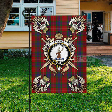 Fraser Tartan Flag with Family Crest and Golden Thistle Crossed Sword Design