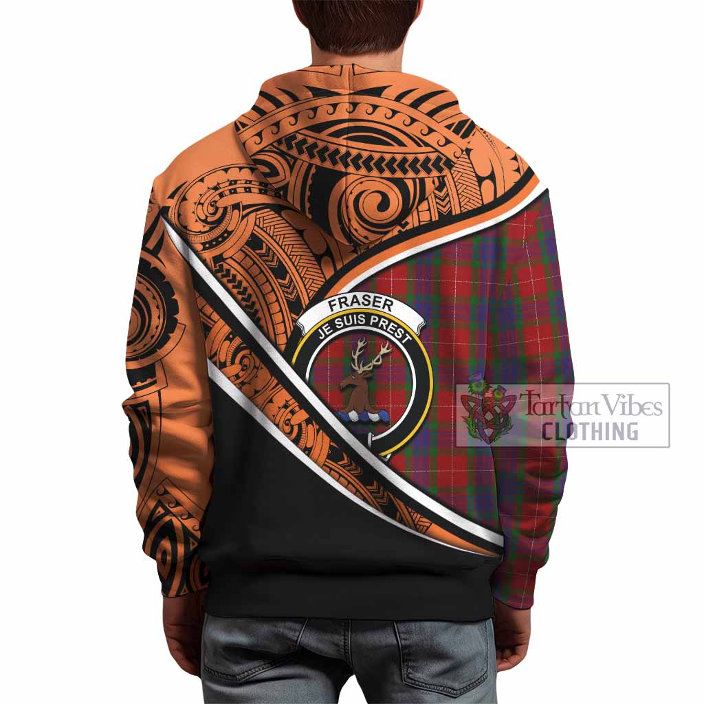 Tartan Vibes Clothing Fraser Crest Tartan Hoodie with Maori Tattoo Style - Orange Version