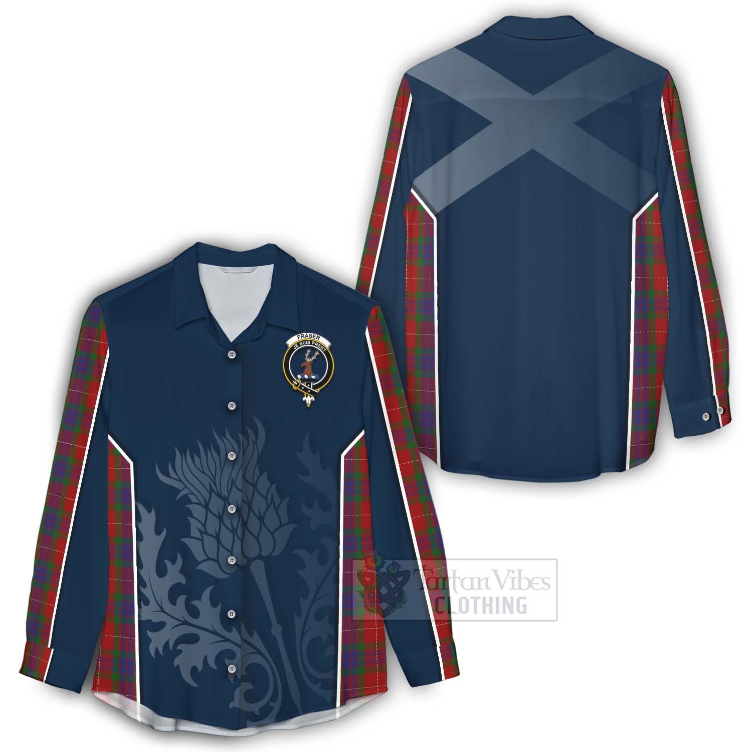 Tartan Vibes Clothing Fraser Tartan Women's Casual Shirt with Family Crest and Scottish Thistle Vibes Sport Style