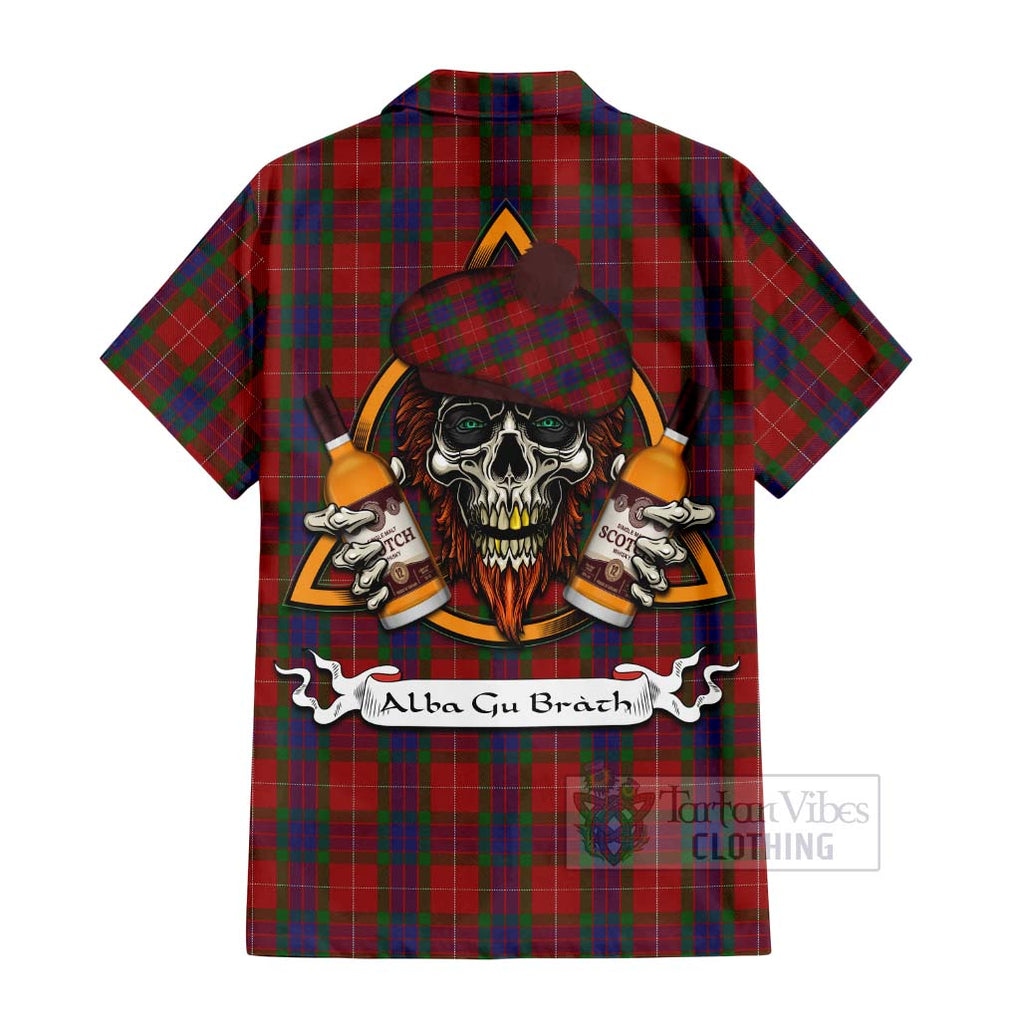 Tartan Vibes Clothing Fraser Tartan Short Sleeve Button Shirt with Family Crest and Bearded Skull Holding Bottles of Whiskey