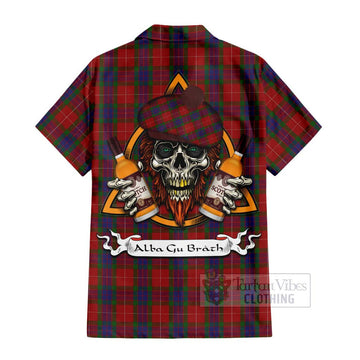 Fraser Tartan Short Sleeve Button Shirt with Family Crest and Bearded Skull Holding Bottles of Whiskey