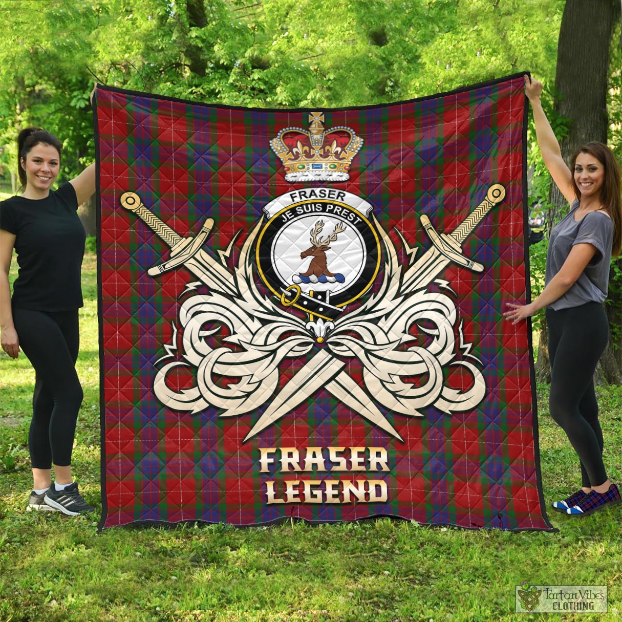 Tartan Vibes Clothing Fraser Tartan Quilt with Clan Crest and the Golden Sword of Courageous Legacy