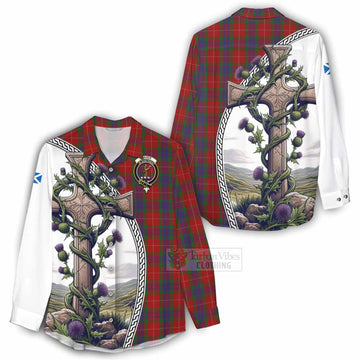 Fraser Tartan Women's Casual Shirt with Family Crest and St. Andrew's Cross Accented by Thistle Vines - Tartan Vibes Clothing