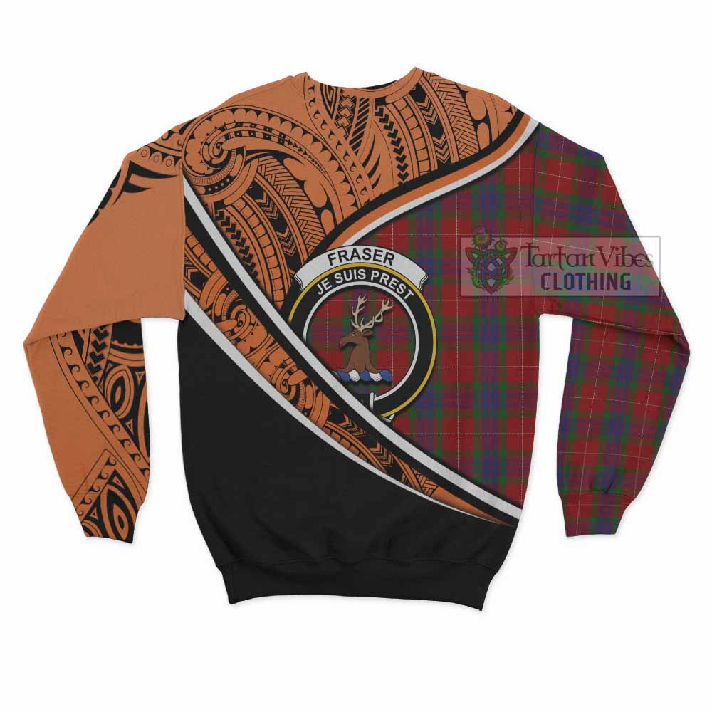 Tartan Vibes Clothing Fraser Crest Tartan Sweatshirt with Maori Tattoo Style - Orange Version