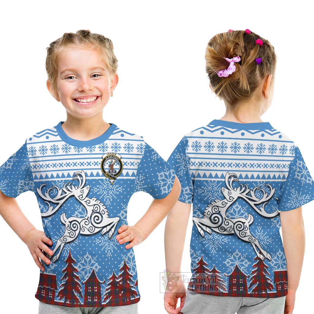 Tartan Vibes Clothing Fraser Clan Christmas Kid T-Shirt Celtic Reindeer Style