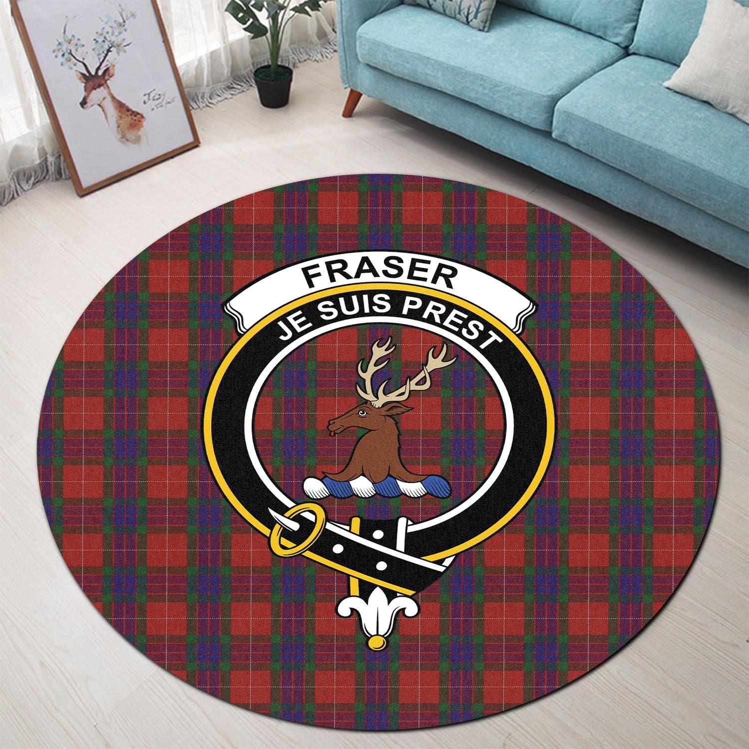 fraser-tartan-round-rug-with-family-crest