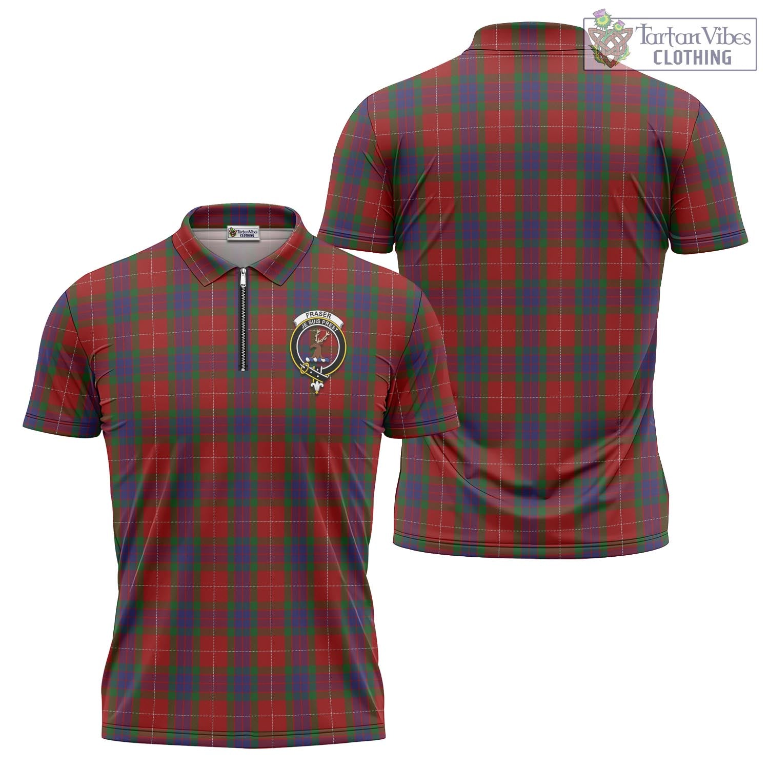 Tartan Vibes Clothing Fraser Tartan Zipper Polo Shirt with Family Crest