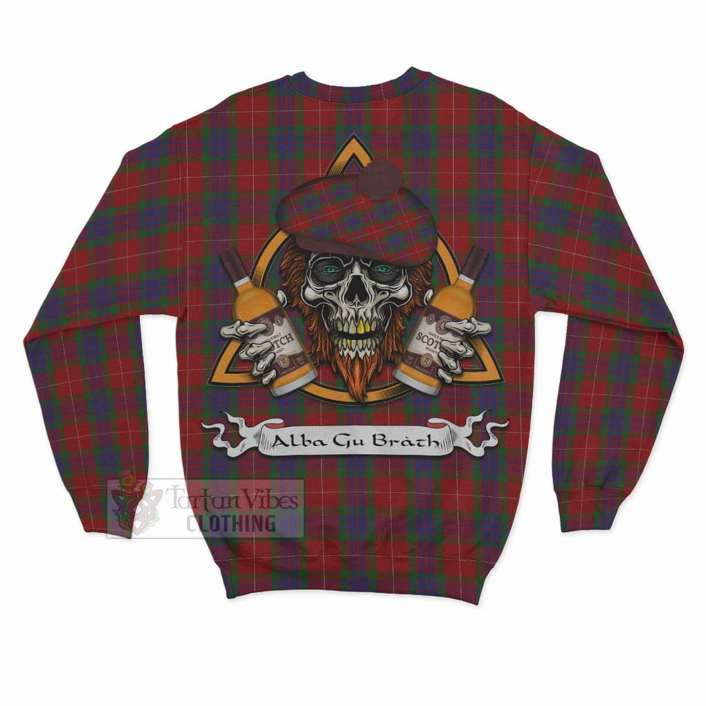 Tartan Vibes Clothing Fraser Tartan Sweatshirt with Family Crest and Bearded Skull Holding Bottles of Whiskey