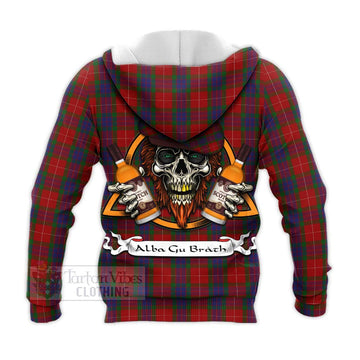 Fraser Tartan Knitted Hoodie with Family Crest and Bearded Skull Holding Bottles of Whiskey