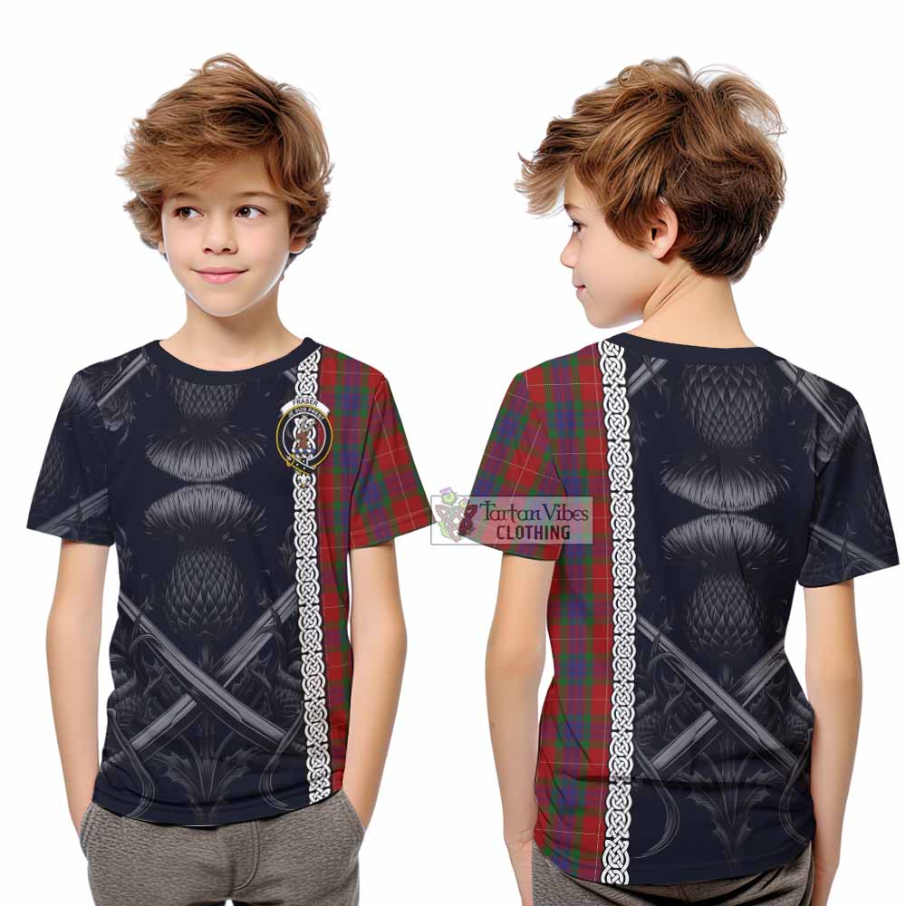 Tartan Vibes Clothing Fraser Tartan Kid T-Shirt with Family Crest Cross Sword Thistle Celtic Vibes