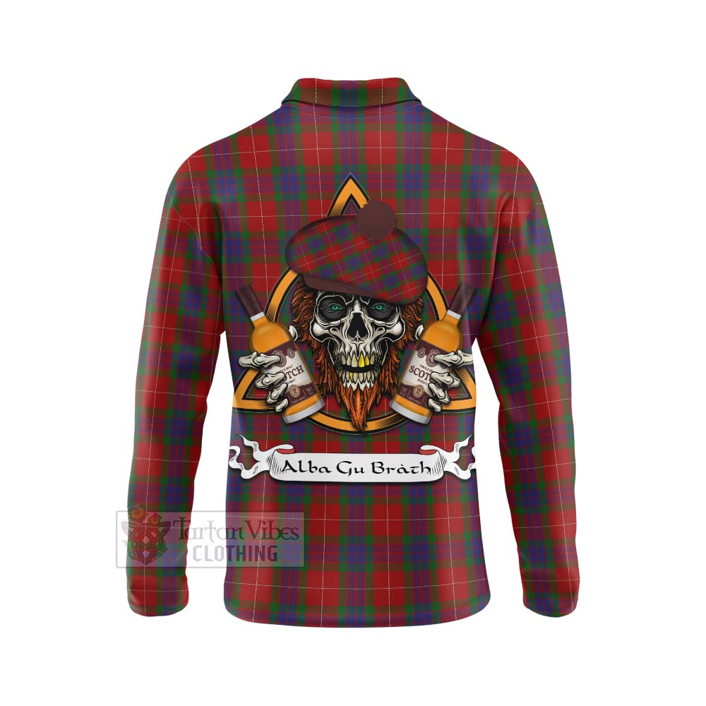 Tartan Vibes Clothing Fraser Tartan Long Sleeve Polo Shirt with Family Crest and Bearded Skull Holding Bottles of Whiskey