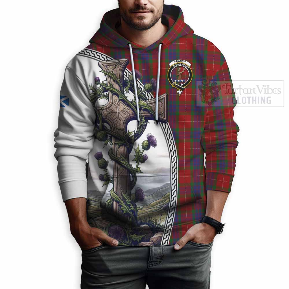 Tartan Vibes Clothing Fraser Tartan Hoodie with Family Crest and St. Andrew's Cross Accented by Thistle Vines