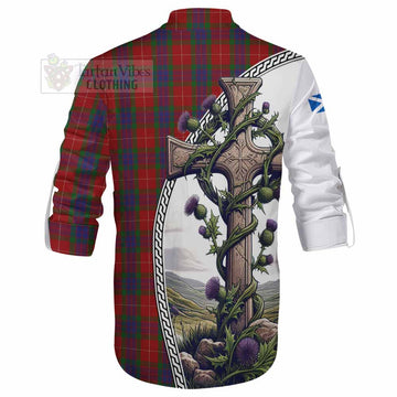 Fraser Tartan Ghillie Kilt Shirt with Family Crest and St. Andrew's Cross Accented by Thistle Vines