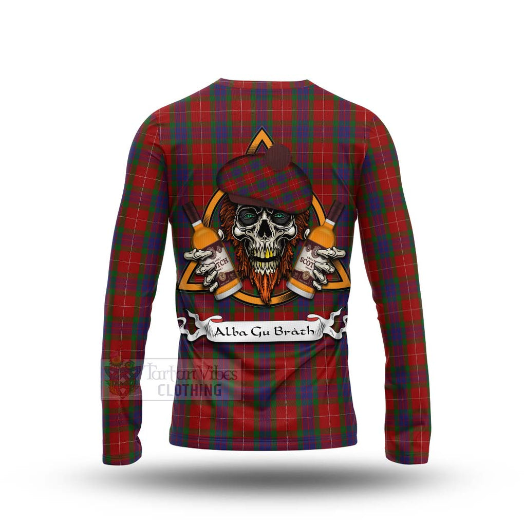 Tartan Vibes Clothing Fraser Tartan Long Sleeve T-Shirt with Family Crest and Bearded Skull Holding Bottles of Whiskey