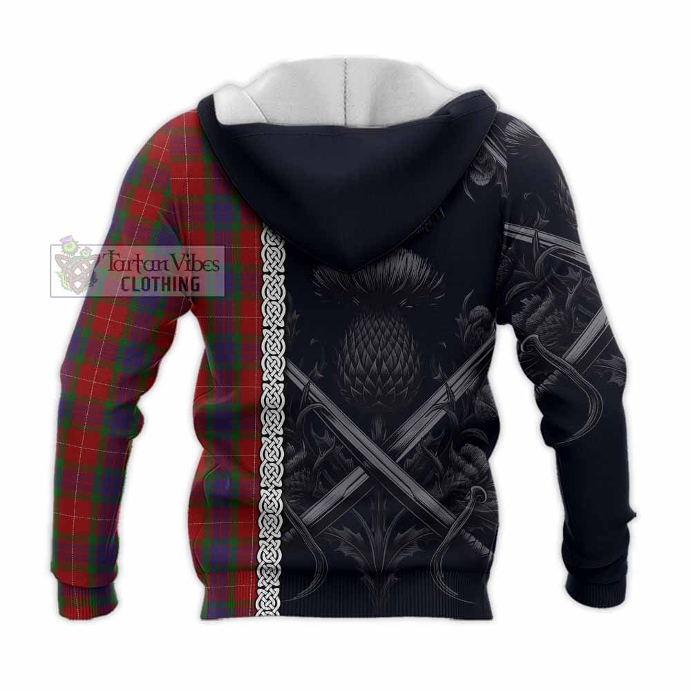 Tartan Vibes Clothing Fraser Tartan Knitted Hoodie with Family Crest Cross Sword Thistle Celtic Vibes