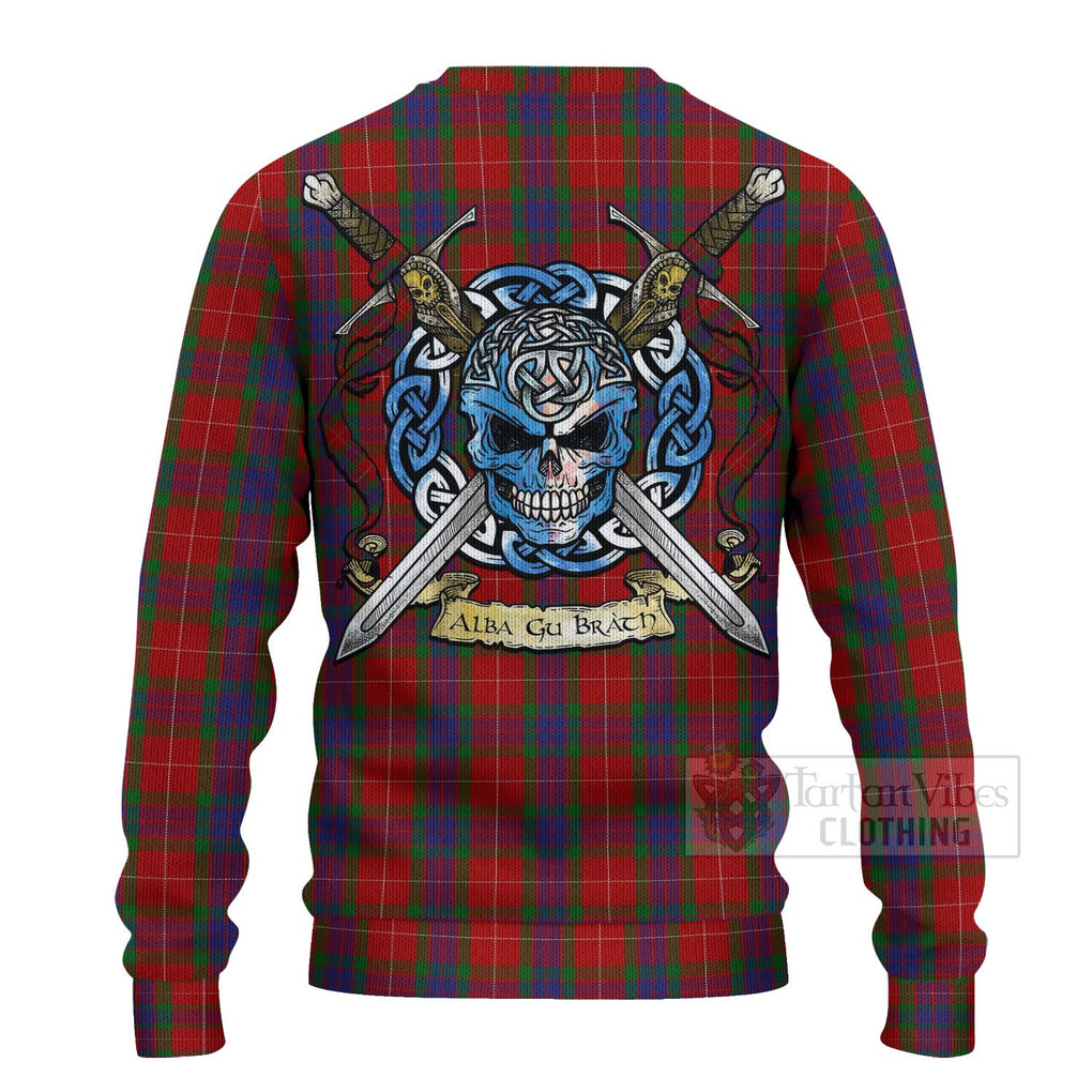 Tartan Vibes Clothing Fraser Tartan Knitted Sweater with Family Crest Celtic Skull Style