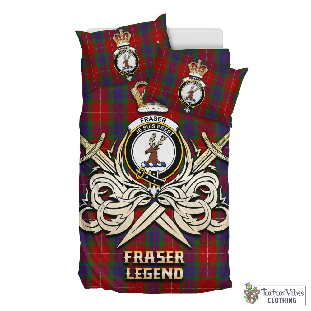 Tartan Vibes Clothing Fraser Tartan Bedding Set with Clan Crest and the Golden Sword of Courageous Legacy