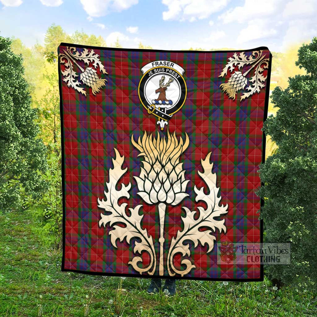 Tartan Vibes Clothing Fraser Tartan Quilt with Family Crest and Golden Thistle Style