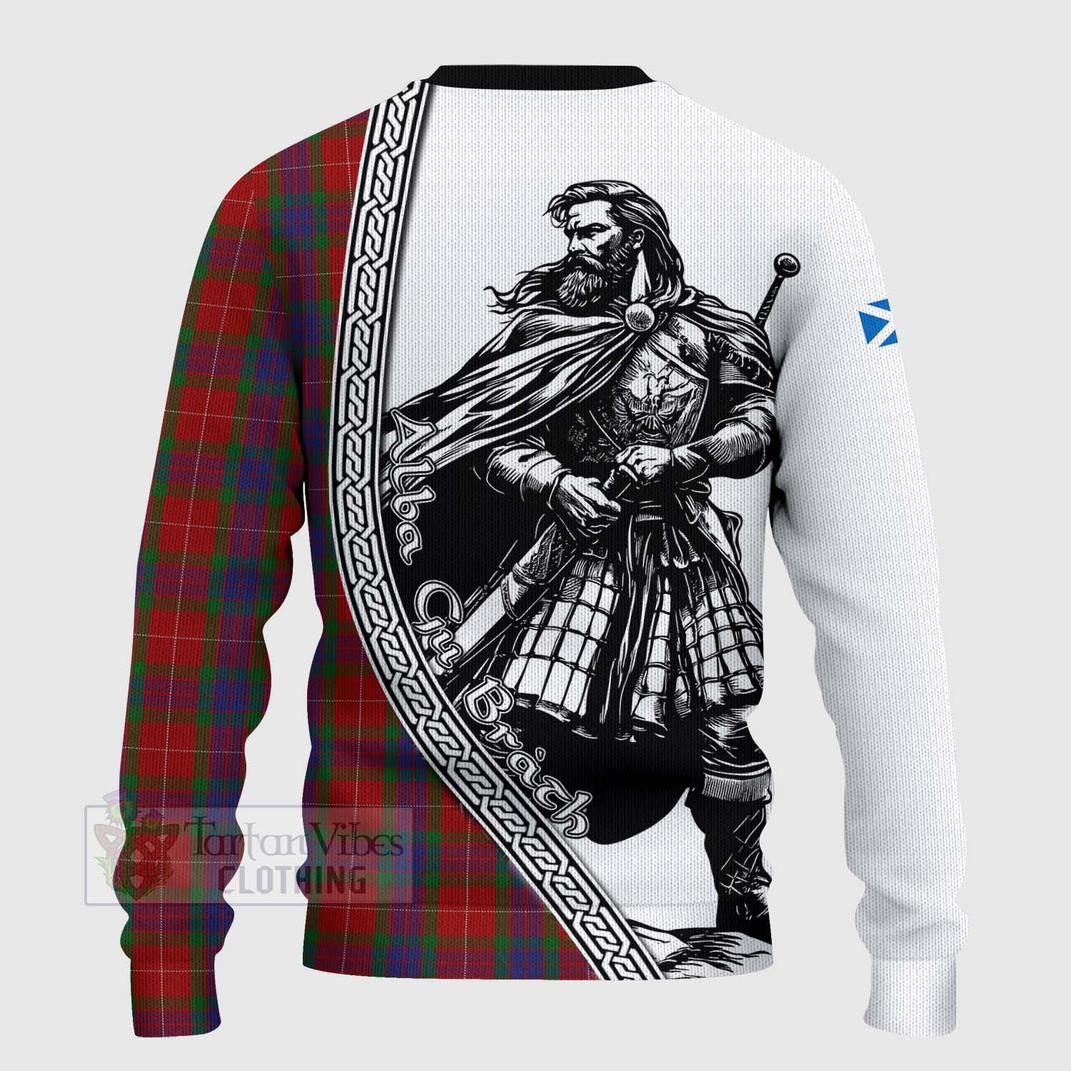 Tartan Vibes Clothing Fraser Tartan Clan Crest Knitted Sweater with Highlander Warrior Celtic Style