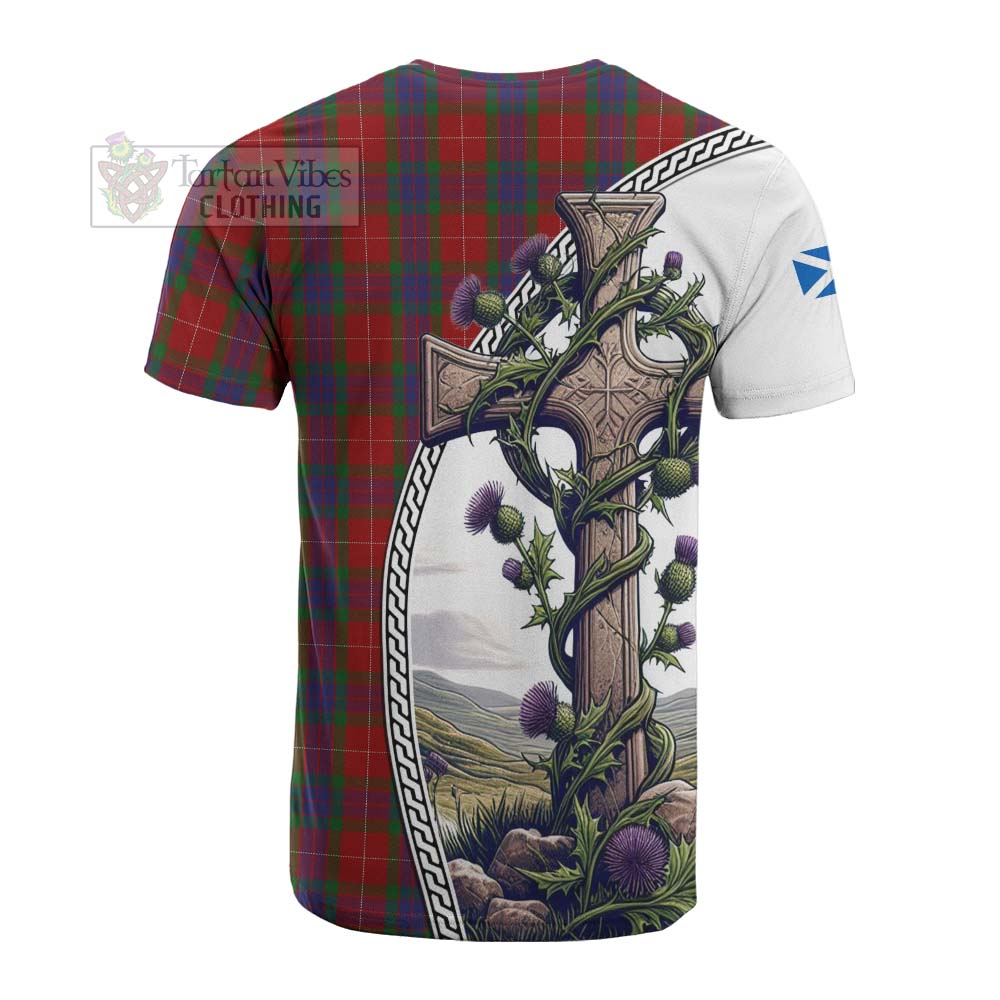 Tartan Vibes Clothing Fraser Tartan Cotton T-shirt with Family Crest and St. Andrew's Cross Accented by Thistle Vines