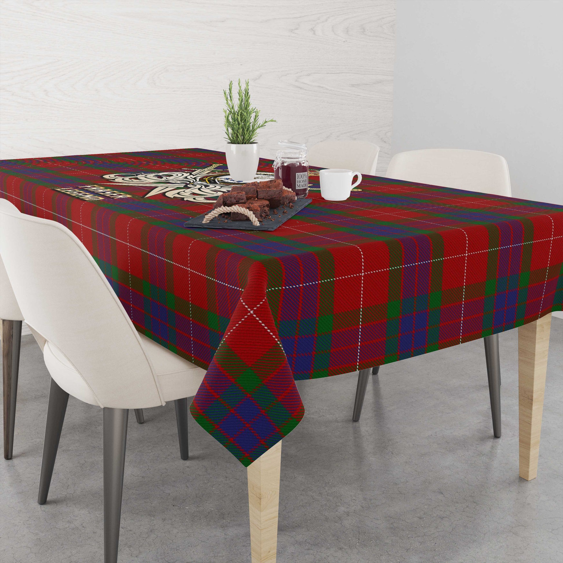 Tartan Vibes Clothing Fraser Tartan Tablecloth with Clan Crest and the Golden Sword of Courageous Legacy