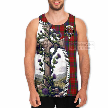 Fraser Tartan Men's Tank Top with Family Crest and St. Andrew's Cross Accented by Thistle Vines - Tartan Vibes Clothing