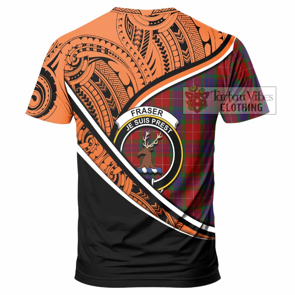 Tartan Vibes Clothing Fraser Crest Tartan T-Shirt with Maori Tattoo Style - Orange Version