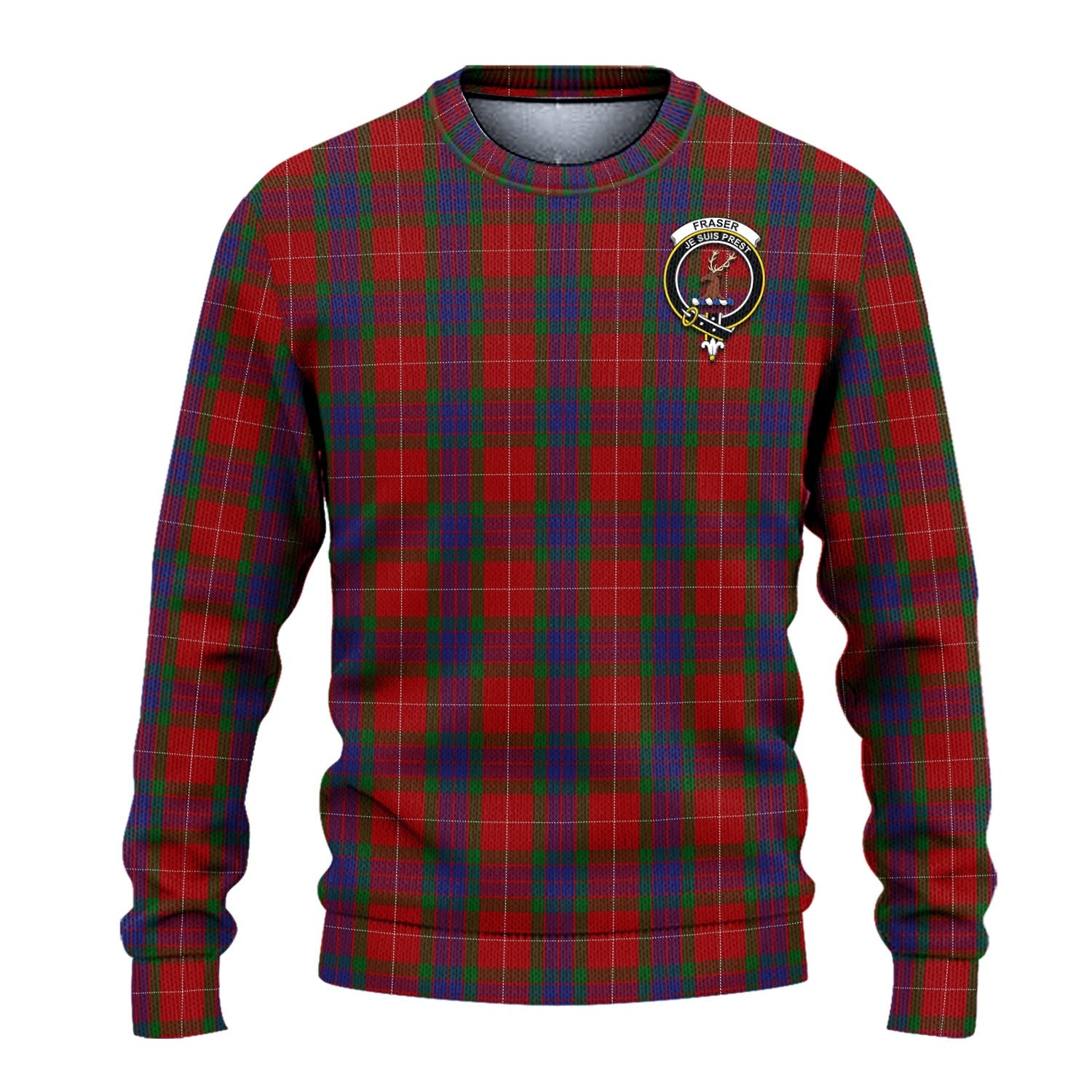 Fraser Tartan Knitted Sweater with Family Crest - Tartanvibesclothing