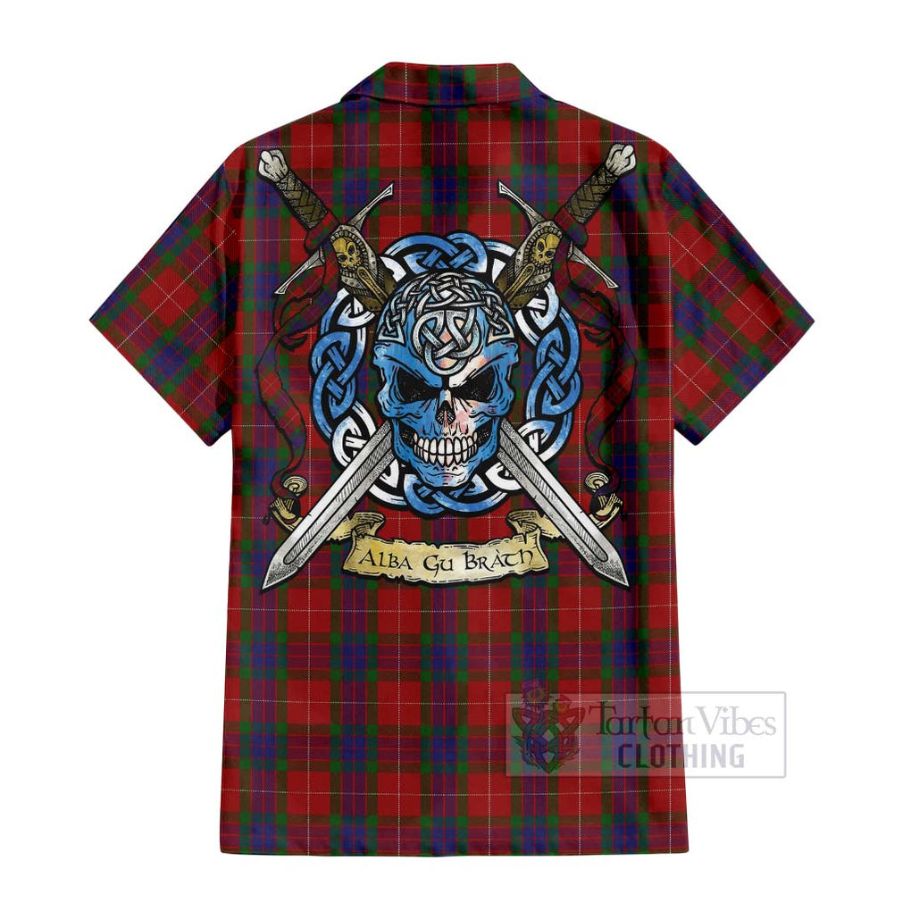 Tartan Vibes Clothing Fraser Tartan Short Sleeve Button Shirt with Family Crest Celtic Skull Style