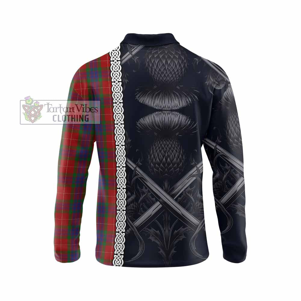 Tartan Vibes Clothing Fraser Tartan Long Sleeve Polo Shirt with Family Crest Cross Sword Thistle Celtic Vibes