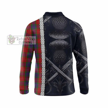 Fraser Tartan Long Sleeve Polo Shirt with Family Crest Cross Sword Thistle Celtic Vibes