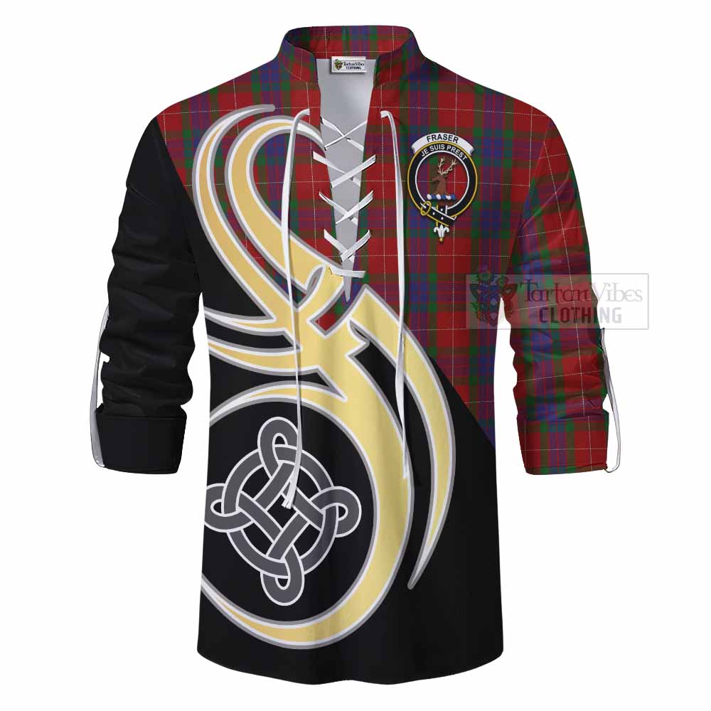 Tartan Vibes Clothing Fraser Tartan Ghillie Kilt Shirt with Family Crest and Celtic Symbol Style