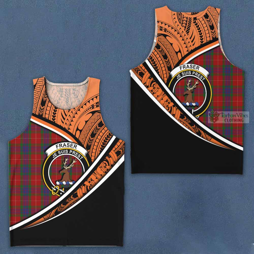 Tartan Vibes Clothing Fraser Crest Tartan Men's Tank Top with Maori Tattoo Style - Orange Version